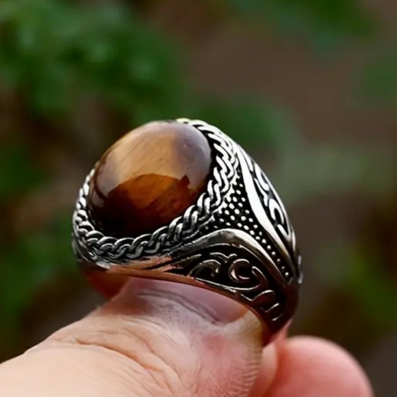 Vintage Tiger Eye Silvery Ring Bohemian Style Size 8 - Picture 5 of 17